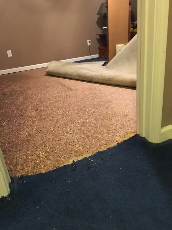 Carpet pad removal revealing water damage during Water Mitigation Services in South Huntingdon