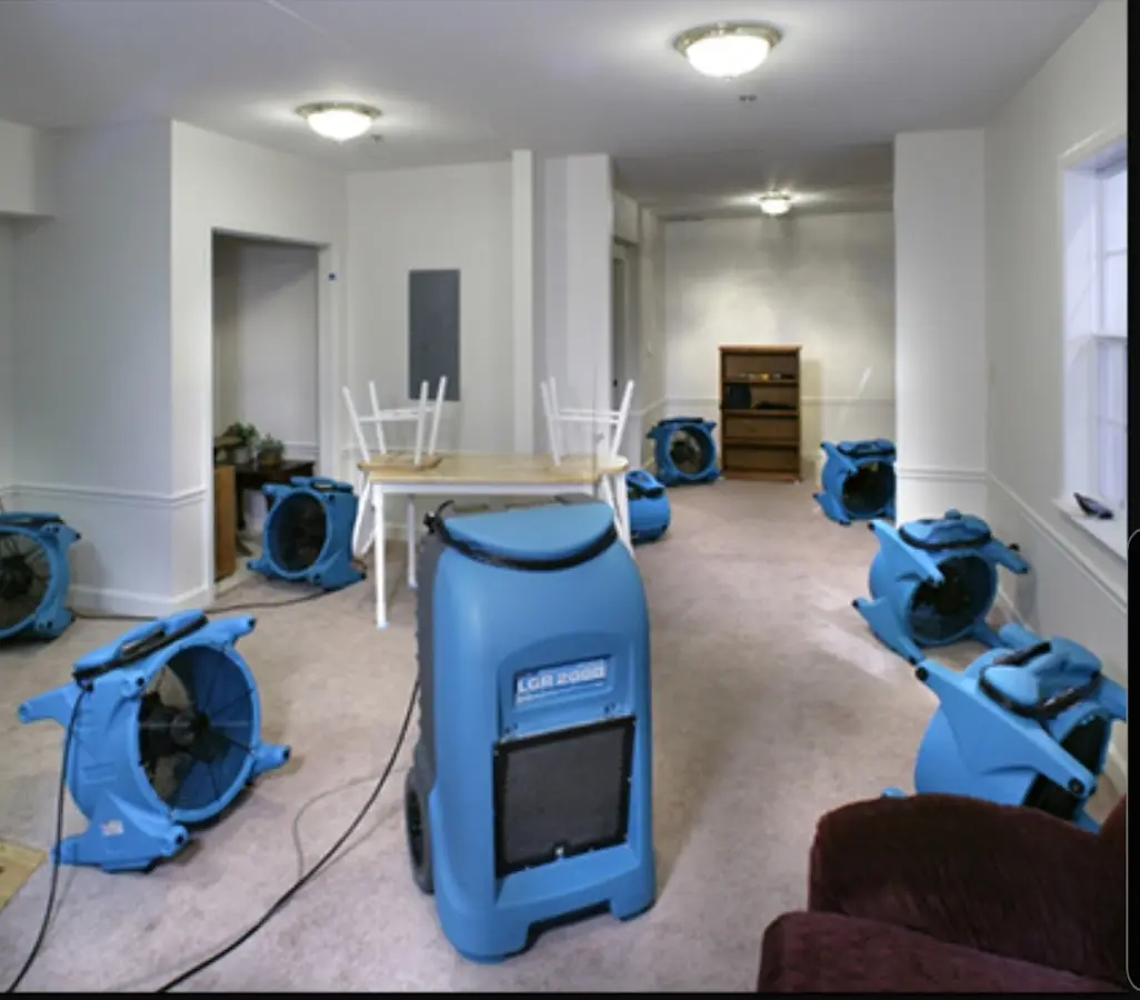 Air movers and dehumidifier setup for Water Damage Restoration in South Huntingdon